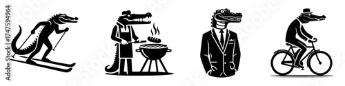 Alligator in Various Activities: Skiing Grilling Business and Cycling.