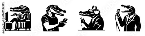 Alligator humanized in different activities black and white illustration.