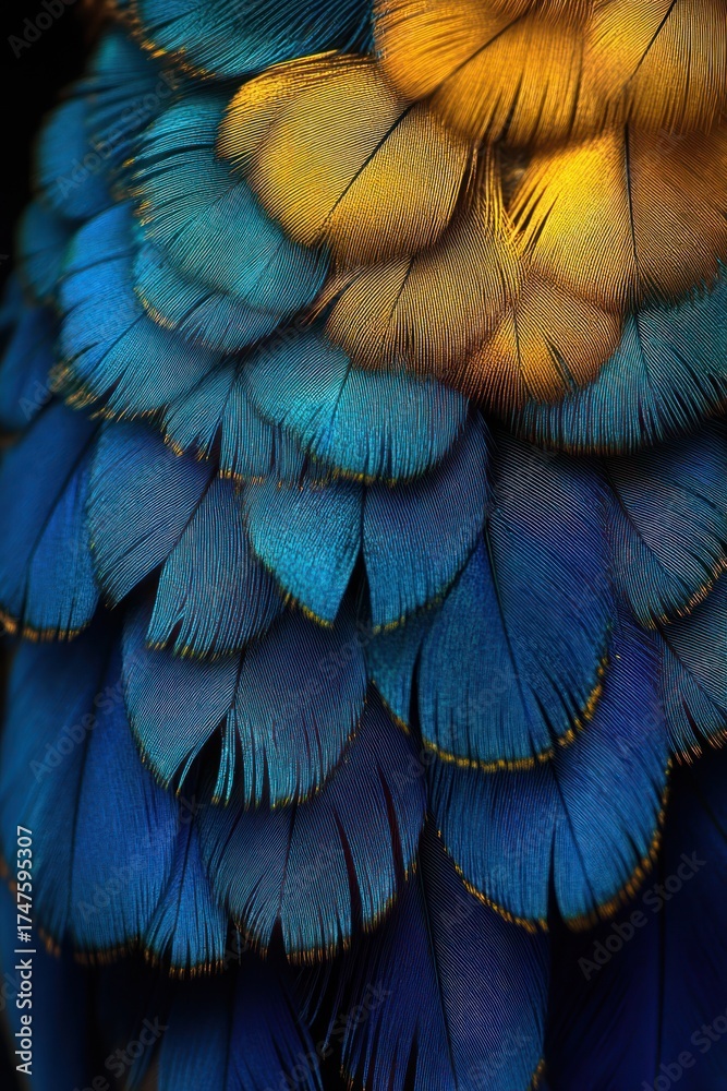Obraz premium Close-up of layered vibrant blue and gold feathers showing detailed texture and delicate structure, evoking a sense of natural beauty and elegance