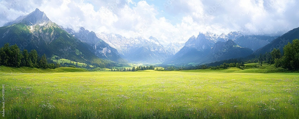 Fototapeta premium Vast green meadow filled with wildflowers under a partly cloudy sky with towering rugged mountains in the background