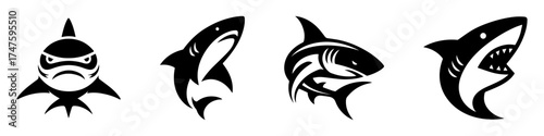 Shark designs in black and white various poses and styles.