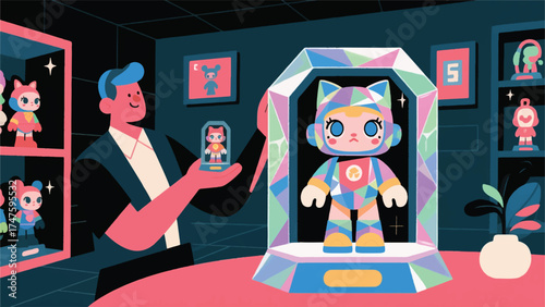 Illustration Of Collector Showing Off A Rare Figurine toy, The Toy Is Enlarged In The Foreground With Shimmering Vector Design Template