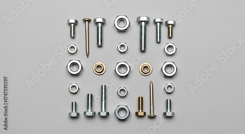 Assortment of metallic industrial fasteners various bolts, nuts, screws, and washers neatly displayed on a plain grey background, ideal for engineering and mechanical themes