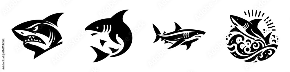 Obraz premium Shark designs black and white illustrations ocean creatures marine life artwork.
