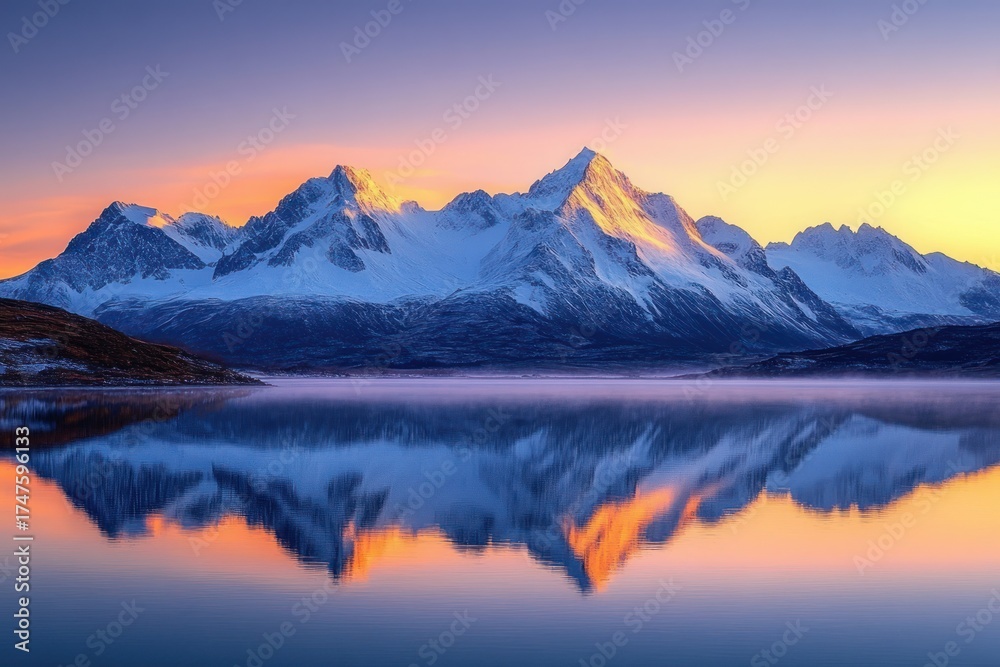 Fototapeta premium majestic snow-covered mountain range reflecting on calm water at sunrise with clear sky and soft warm light