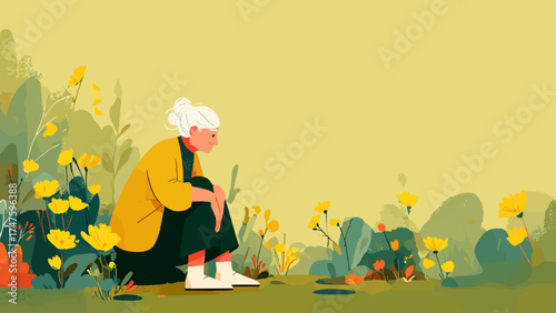 Elderly Woman Contemplating Nature in a Vibrant Meadow Full of Yellow Flowers