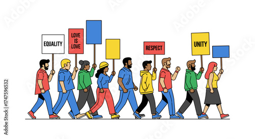 Diverse group of people walking together holding signs promoting equality and unity