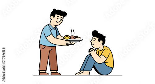 Caring brother serves food to his sibling showing love and kindness during mealtime illustration