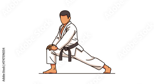 Martial Artist Athlete in White Gi Performing Dynamic Stretching Exercise Before Training Session