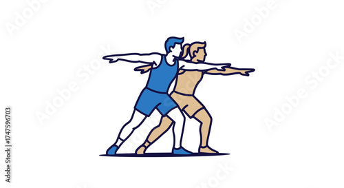 Two people doing yoga warrior pose together for fitness and well being cartoon illustration