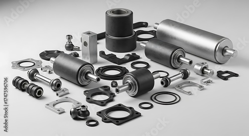 Detailed view of industrial mechanical components arranged on a white surface for technical illustration
