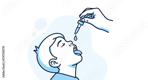 Hand administering liquid medication or vitamin drops to a child's open mouth isolated on white background