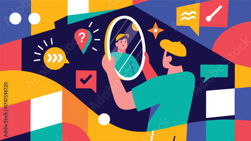 Illustration Of Content Creator Holding Up A Mirror, But The Reflection Shows Their Audience's Expectations Instead Of Their Face Vector Design Template