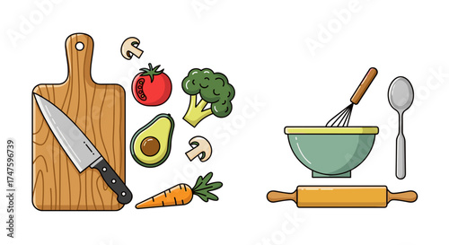 Fresh Vegetables and Cooking Utensils Prepare Healthy Food Ingredients for Meal Preparation