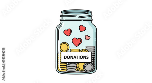 Glass jar filled with coins hearts and a donations label isolated on white background