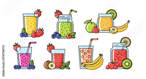 Collection of Fresh Fruit Smoothies and Juices Isolated on White Background