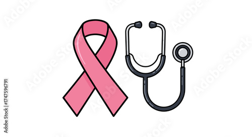 Pink Ribbon And Stethoscope For Breast Cancer Awareness And Medical Health Care Concept