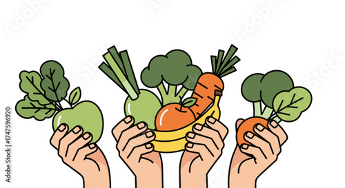 Hands holding fresh organic vegetables and fruits isolated on white background healthy eating concept