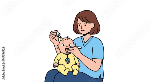 Healthcare nurse giving medicine drops to a newborn baby infant during a routine checkup