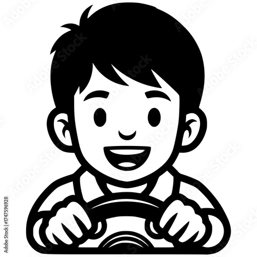 Boy Driving: A cheerful boy with a bright smile enthusiastically grips a steering wheel, his eyes full of joy and excitement for the journey ahead.