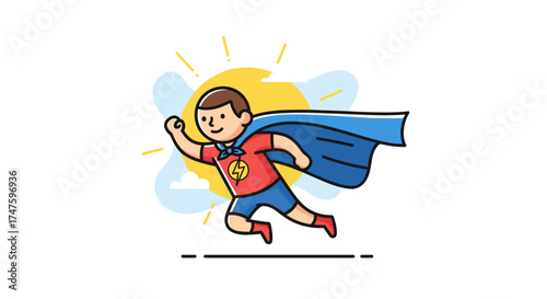 Cartoon boy superhero flying with cape and sun shining brightly illustration style