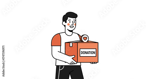 Smiling young man holding a donation box with a heart symbol for charity and volunteering concepts