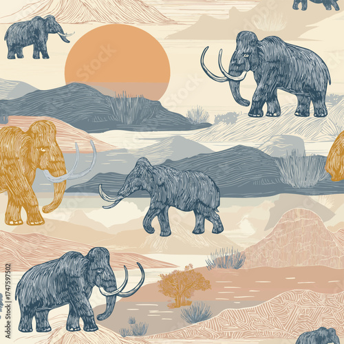 Seamless vector pattern featuring hand-drawn mammoths and stylized sand dunes in a repeating design, showcasing a unique blend of prehistoric animals and landscape elements.