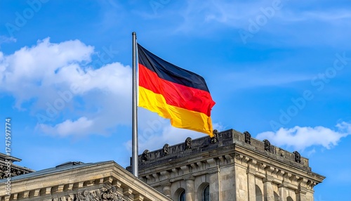 German flag waving against a blue sky