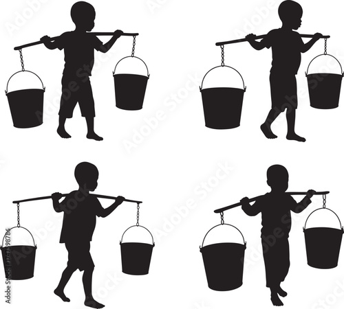 Four children carrying water buckets silhouette
