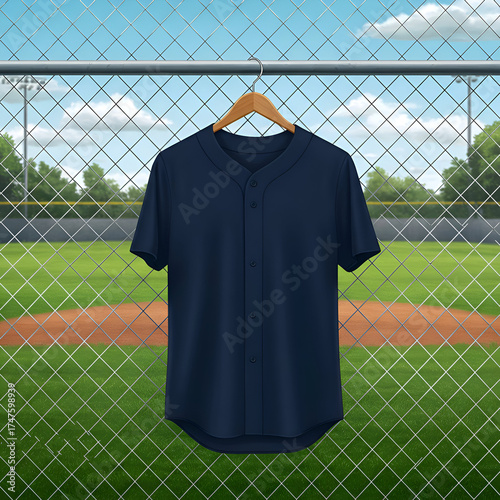 Navy baseball jersey hanging on a wooden hanger in front of a baseball diamond. Blank, uniform ready for customization. Blank jersey, baseball player, professional sports stadium -