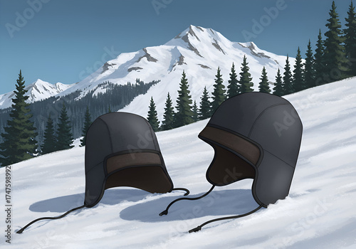 Dark-grey winter ski hats resting on snow-covered mountain slope.
