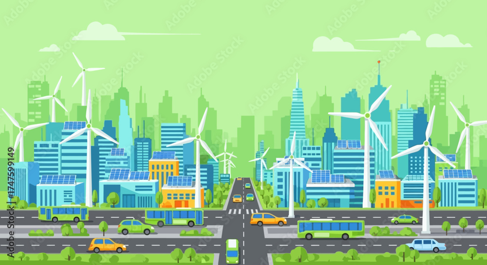 Obraz premium Illustration of a modern sustainable city with wind turbines, green vehicles, and smart urban design. 
