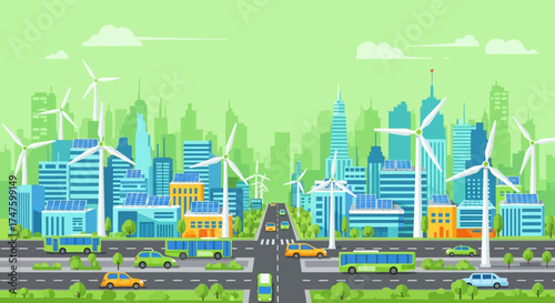 Illustration of a modern sustainable city with wind turbines, green vehicles, and smart urban design. 
