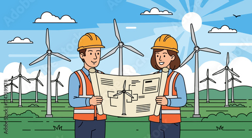Vector illustration of male and female engineers holding a blueprint in front of wind turbines on a sunny day. 