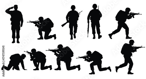 Soldiers in various action poses with firearms military