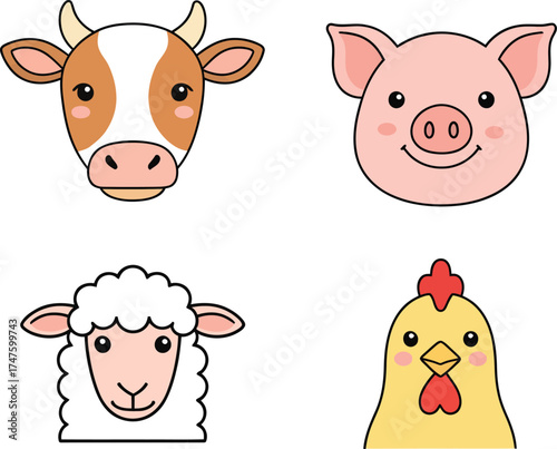 Cute Cartoon Farm Animal Heads Cow, Sheep, Chicken, Pig Vector Set Simple Color and Kids Friendly Design with Bold Outlines
