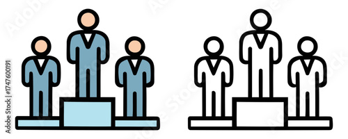 Winners podium with three people and outline design. winners icons set