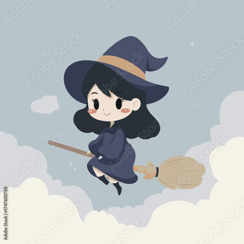 chibi-style kawaii witch flying on broom with oversized hat and puffy cheeks vector illustration