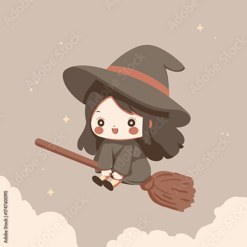 chibi-style kawaii witch flying on broom with oversized hat and puffy cheeks vector illustration