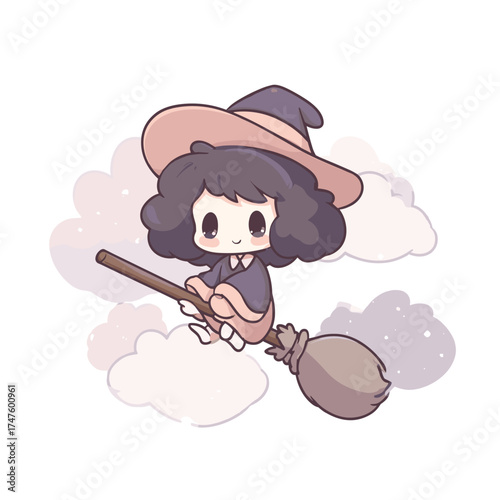chibi-style kawaii witch flying on broom with oversized hat and puffy cheeks vector illustration