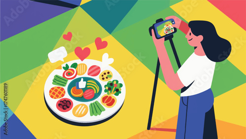 illustration of food blogger taking an overhead shot of a meticulously arranged colorful dish, with likes and hearts physically floating from the food itself.eps