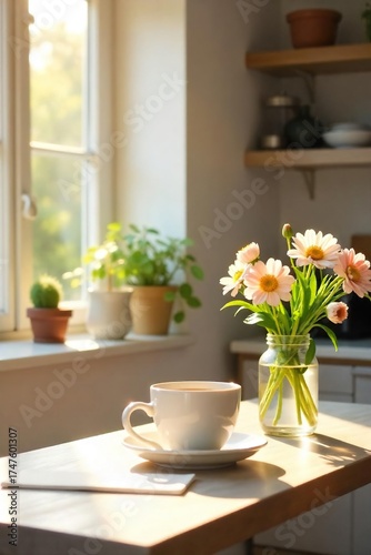 Wallpaper Mural Sunlight Streams into a Cheerful Kitchen Fresh Flowers, Brewing Coffee, and a Productive Monday Morning Torontodigital.ca