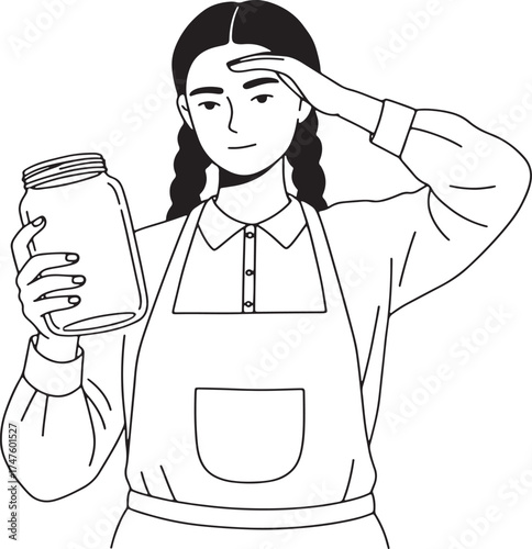 Woman Holding Jar Vector — Minimal Line Art Illustration of Female in Apron