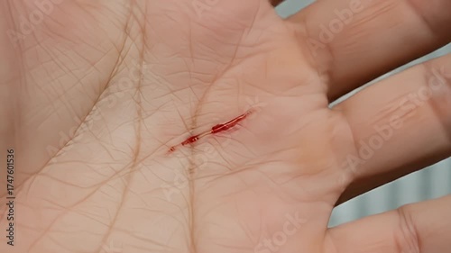 Open human palm displaying a small fresh cut wound with a small amount of blood
