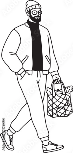 Minimal line art of man walking with grocery bag — clean black outline vector illustration