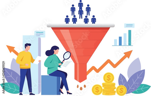 Unlock growth potential with a dynamic sales funnel strategy, converting leads to revenue, analyzed by a vibrant team in modern business illustration
