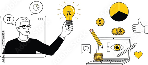 Modern business mind generating innovative finance ideas and creative data analysis solutions online for success and growth in a minimal design presentation