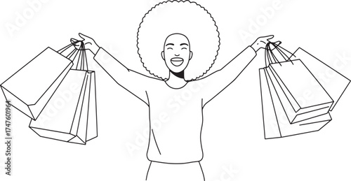 Happy person holding shopping bags minimal vector outline icon isolated on transparent background