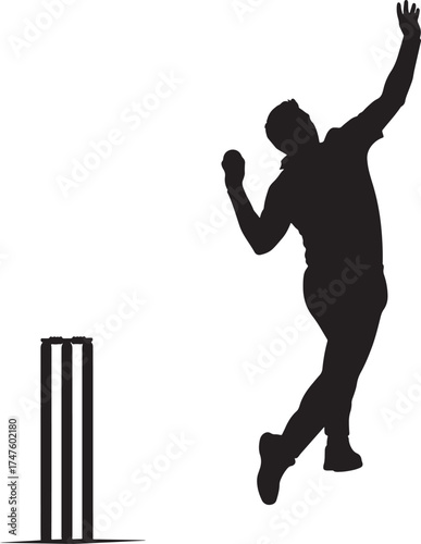 Cricket bowler in action silhouette with wickets