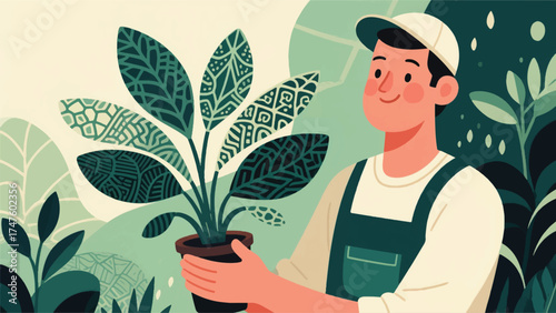 Illustration Of Gardener Proudly Showing Off A Rare Plant Vector Design Template